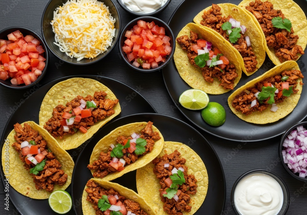 Poster overhead view of tacos with toppings and condiments on dark plates ai generated