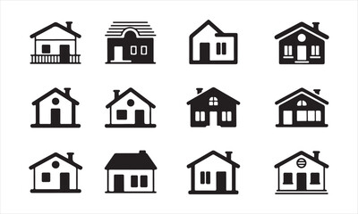 A set of twelve simple, black silhouette icons depicting various house styles vector art on white