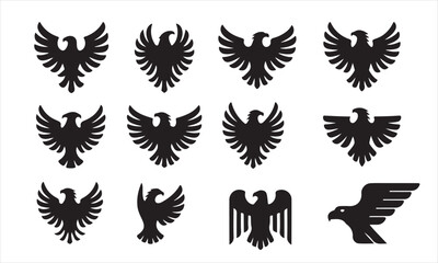 Set of Black and White Eagle Silhouettes for Design, A collection of twelve stylized eagle silhouettes, ideal for logos, emblems, or graphic design vector art on white