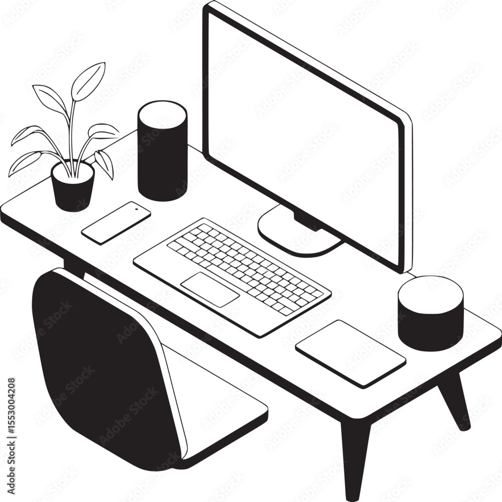 Poster isometric view of a desk with a computer monitor keyboard speakers plant and chair in black and whit