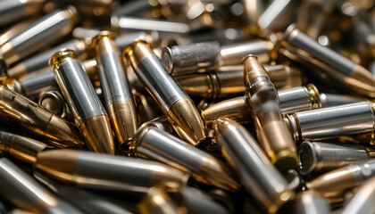 Close up of a large jumbled pile of silver and gold rifle ammunition cartridges
