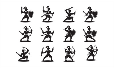 A set of twelve simple, black silhouette figures of medieval soldiers in various poses vector art on white