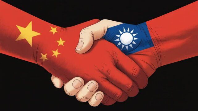 A handshake between hands painted with the flags of china and taiwan on black