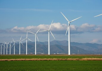 Wind turbines stand in a row across a green field with mountains in the distance ai generated