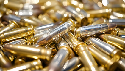 Close up of a large jumbled pile of silver and gold rifle ammunition cartridges