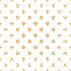 Simple geometric floral ornament. Abstract vector seamless pattern with small flower silhouettes. Subtle golden background. Gold and white minimal texture. Repeating luxury design for print, wallpaper