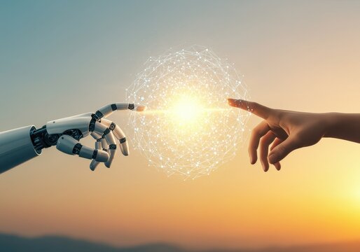 Human and robot hands touching a digital sphere against a sunset sky ai generated