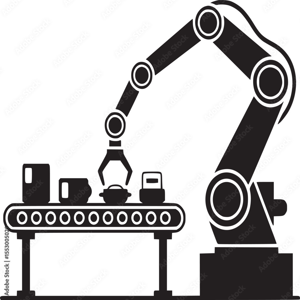 Poster a black and white illustration of a robotic arm working on a conveyor belt with various objects on i