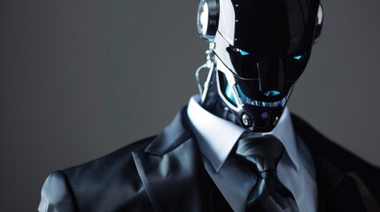 Futuristic android robot in business suit with glowing circuits on dark background with copy space