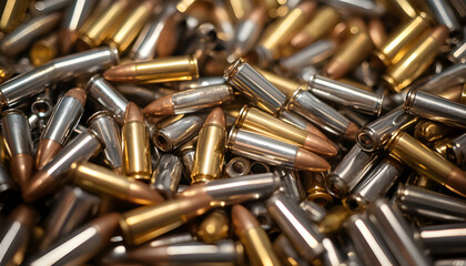 Close up of a large jumbled pile of silver and gold rifle ammunition cartridges
