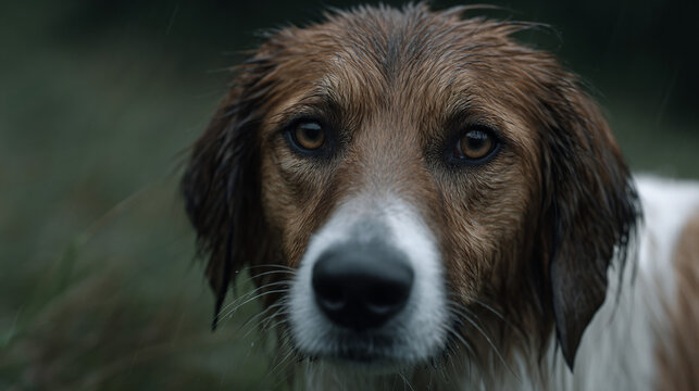 A scared lost dog standing in the rain.