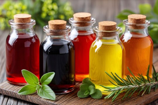 Colorful bottles of aromatic oils with herbs resting on wooden board