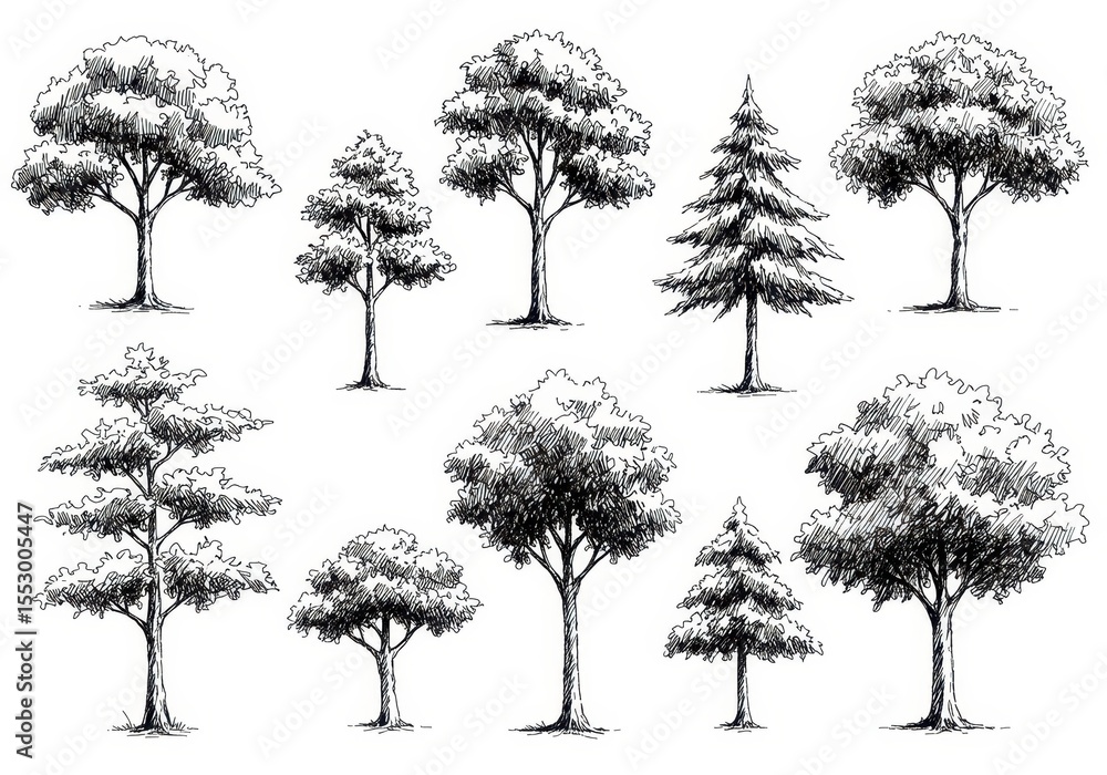 Poster various trees in a hand drawn sketch style on white background ai generated