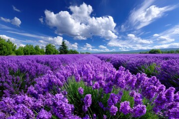 Naklejka premium Expansive fields of lavender under a blue sky filled with fluffy clouds