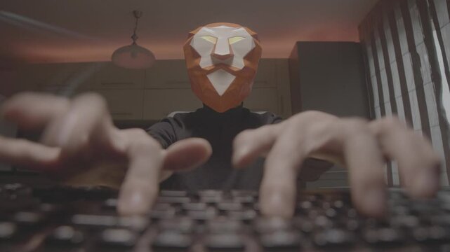 Lion head mascot human typing super fast on a keyboard while surfing the internet