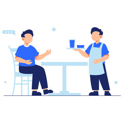 Friendly dining service experience between a smiling waiter and a relaxed customer at a cozy restaurant table