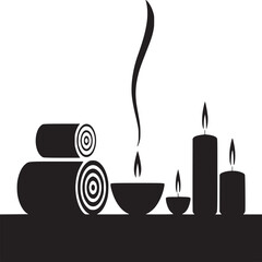 Monochrome illustration featuring rolled towels and burning candles on a surface against white backdrop