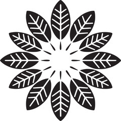 A symmetrical arrangement of black leaves with white veins forming a circular pattern on white background