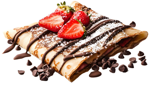Delicious crepe with strawberry, chocolate and sugar powder Transparent background