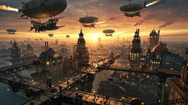 Steampunk metropolis bathed in golden sunset light