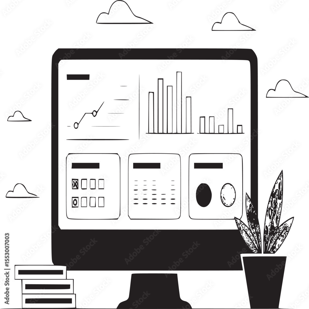 Poster illustration of a computer monitor displaying data charts with a plant and books beside it on white