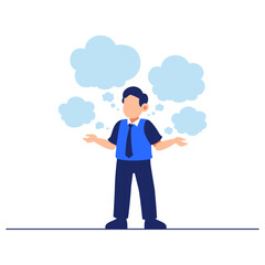 Thoughtful Businessman Surrounded by Light Blue Thought Bubbles in Conceptual Illustration