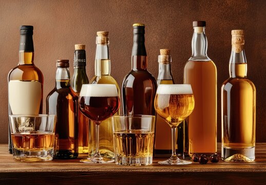 Assorted liquor bottles and glasses on a wooden table