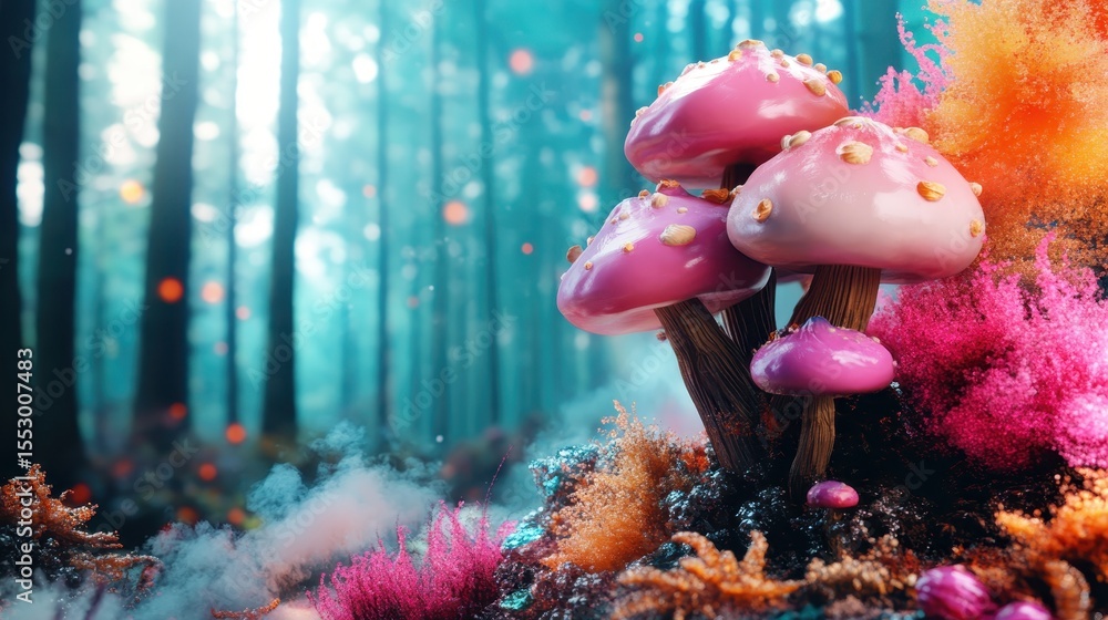 Poster a stunning display of pink mushrooms surrounded by colorful flora, creating an enchanting atmosphere