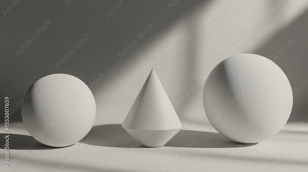 Fototapete minimalist 3d render of geometric shapes spheres and cone in soft light