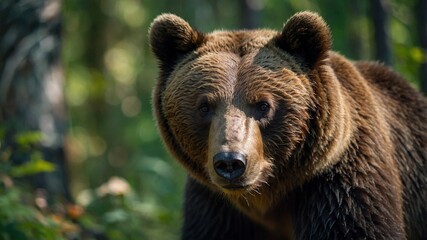 Brown bear in the forest. Close-up portrait of a brown bear. 