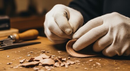 Artisan Crafting Leather Accessory with Precision Handwork and White Gloves