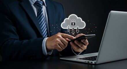 encrypted backup, and online access, ensuring secure remote file storage,Cloud storage and security technology for mobile data protection,confident businessman engages in secure mobile cloud access,