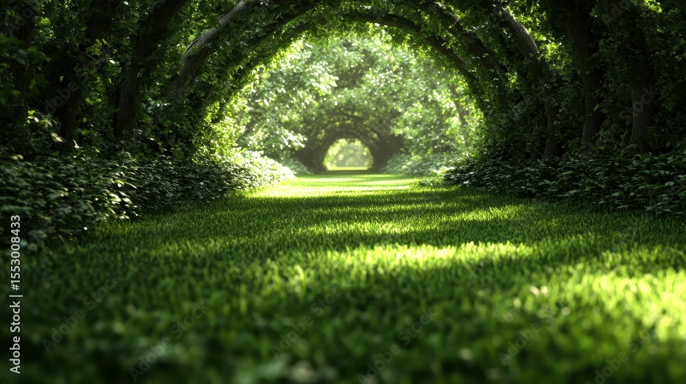Poster a breathtaking image of a lush green pathway surrounded by towering trees, light filtering through t