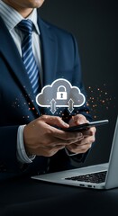encrypted backup, and online access, ensuring secure remote file storage,Cloud storage and security technology for mobile data protection,confident businessman engages in secure mobile cloud access,