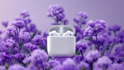 White Wireless Earbuds in Charging Case Against Purple Floral Background