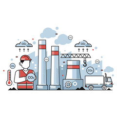 High Emission Illustration from Energy Industry with CO2 Symbols and Industrial Infrastructure
