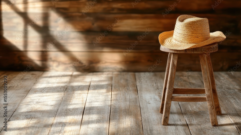 Poster a simple straw hat rests gracefully on a rustic wooden stool, casting soft shadows in a serene indoo