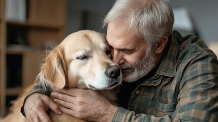 An affectionate connection is captured between a grey-haired man and his golden retriever, showcasing love and companionship in a cozy indoor setting.