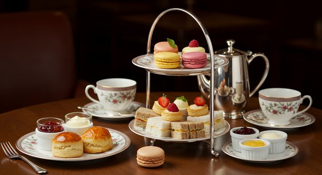 Indulge in an elegant afternoon tea experience with delectable pastries and fine china.