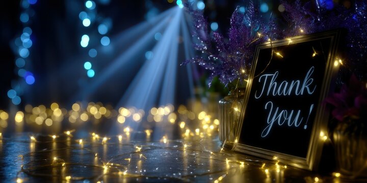 Elegant thank you display featuring twinkling lights and floral arrangements at a festive evening event