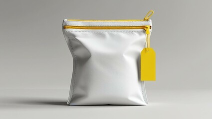 White Zip Top Pouch Mockup with Yellow Tag Hanging