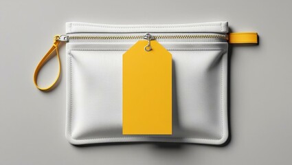 White Zip Top Pouch Mockup with Yellow Tag Hanging