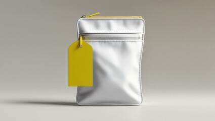 White Zip Top Pouch Mockup with Yellow Tag Hanging