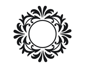 Fototapeta premium Ornamental floral frame, elegant symmetrical black vector design with vintage leaf flourishes and circular center for classic branding invitations and decorative layouts.