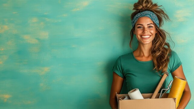 A cheerful woman holds packing boxes and painting supplies against a vibrant teal wall, embodying joy and excitement of creating a cozy new living space.