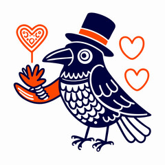 Cartoon Crow in Top Hat Holding Heart Candy