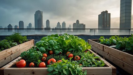 Rooftop Garden City Skyline Vegetables Tomatoes Greens Urban Farming Horizon Morning View