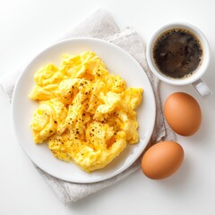 Scrumptious scrambled eggs seasoned with pepper served alongside a cup of coffee and two fresh eggs
