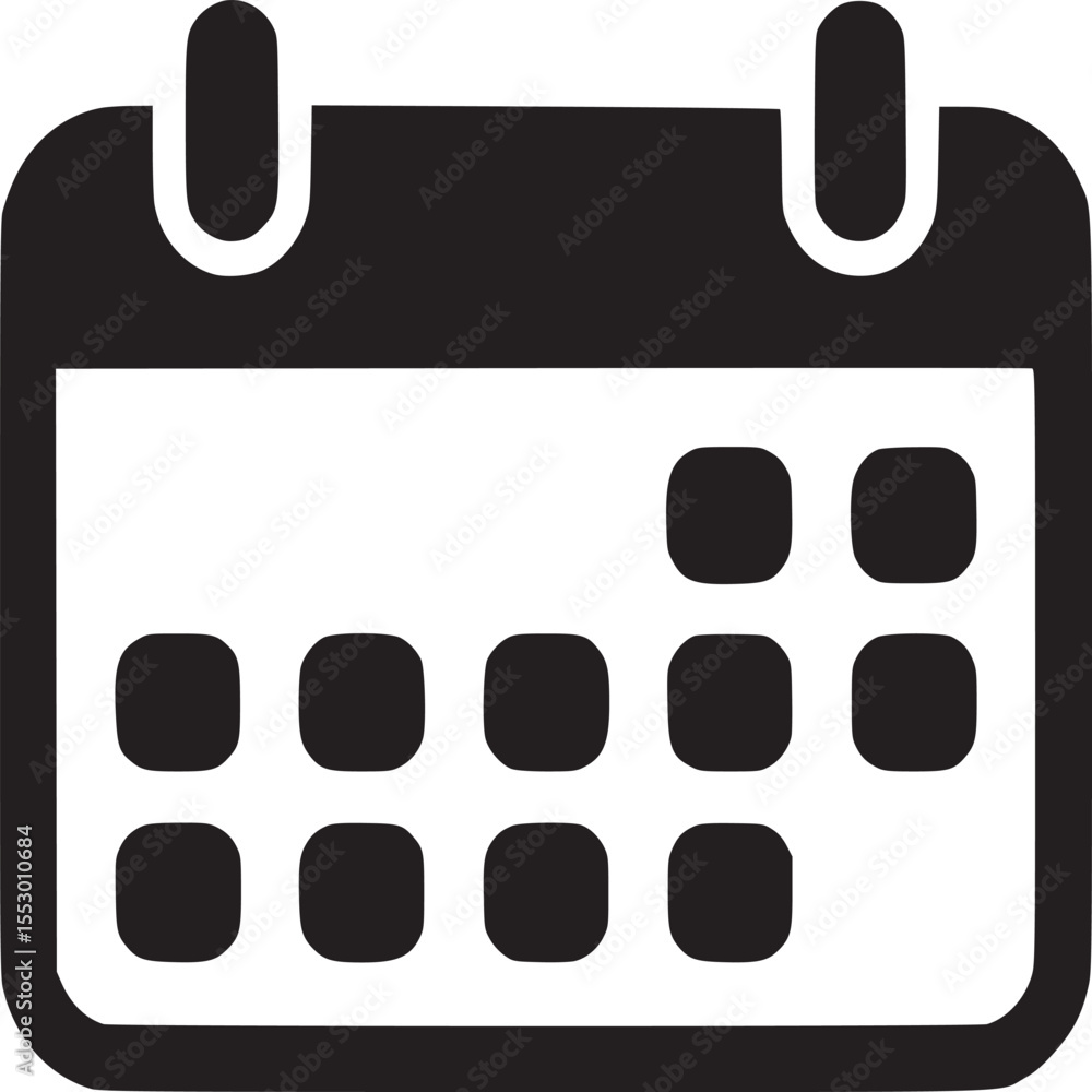 Poster isolated black and white calendar icon with rounded corners and multiple date squares visible inside