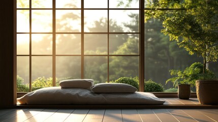 Tranquil Interior Scene: Sunlight Streams Through Window, Overlooking Greenery